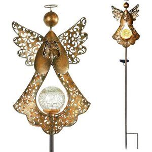 Solar Garden Stake Lights Outdoor Bronze Angel Crackle Glass Globe Metal Lights